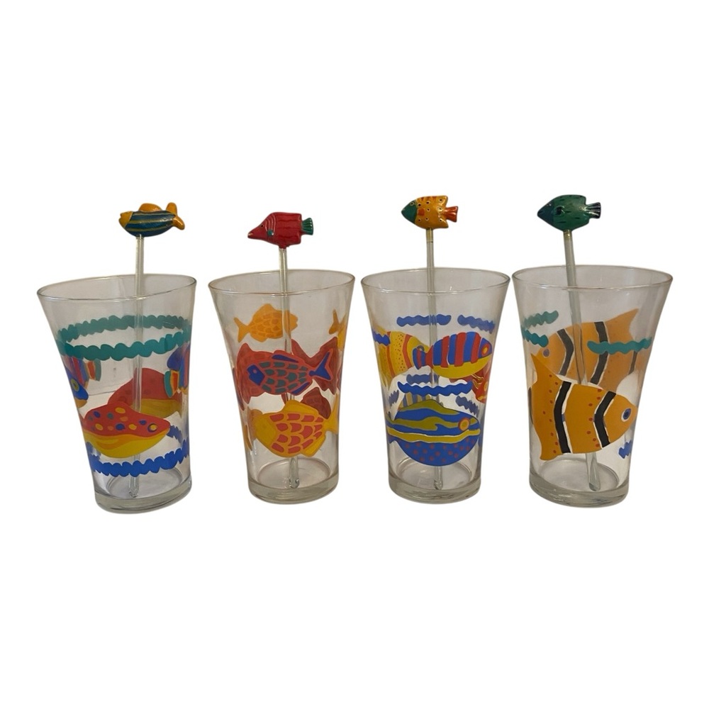 4 Vtg LIBBEY Fish Glasses Flared Rim Tumblers with Swizzle Sticks Tropical Decor - Picture 11 of 11